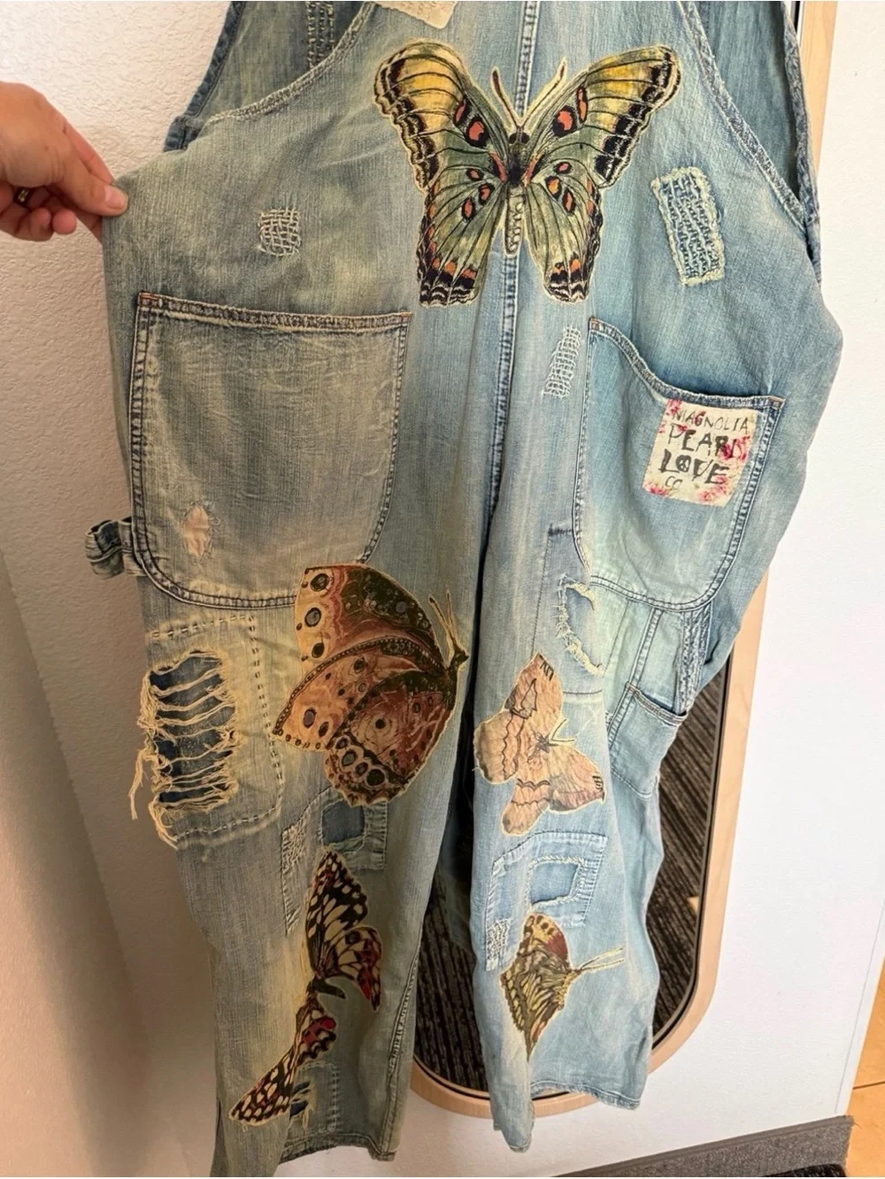 Magnolia Pearl Cotton Denim Appliqué Butterfly Overalls - Picture 5 of 14